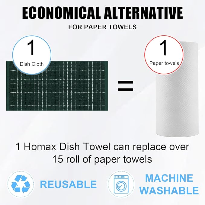 Homaxy 100% Cotton Terry Kitchen Towels(Blackish Green, 13 x 28 inches), Checkered Designed, Soft and Super Absorbent Dish Towels, 4 Pack