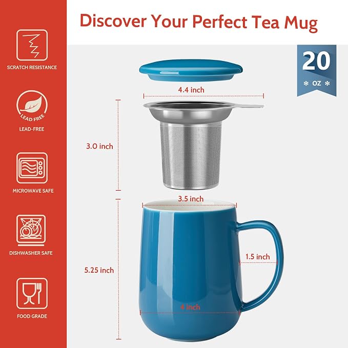 Sweese Porcelain Teacup with Infuser and Lid, 20oz, Steel Blue, Microwave Safe, Reusable