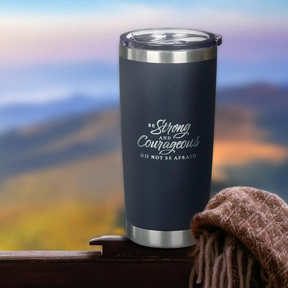 Christian Art Gifts Large Stainless Steel Scripture Tumbler Travel Mug for Men & Women: Strong & Courageous Inspirational Bible Verse, Double-wall Vacuum Insulated & Lid, Hot/Cold, Navy Blue, 18 oz.