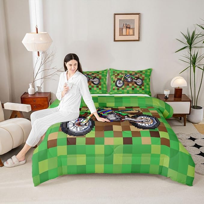 Manfei Cool Motorcycle Full Size Comforter Set,Pixelated Geometric Grid Bedding Comforters Bedroom Collection,Miners Gamepad Duvet Insert,Brown Green Room Decor 3 Pcs Bedding Set for Girls Teens