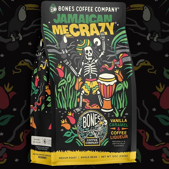 Bones Coffee Company Jamaican Me Crazy, Vanilla Caramel Flavored Coffee, Medium Roast Low Acid Arabica Beans Compatible with Auto drip and French Press Coffee Maker, 12 Oz Ground
