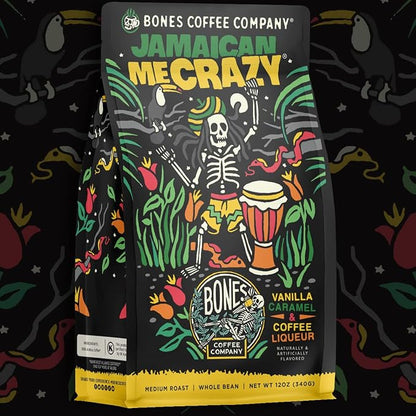 Bones Coffee Company Jamaican Me Crazy, Vanilla Caramel Flavored Coffee, Medium Roast Low Acid Arabica Beans Compatible with Auto drip and French Press Coffee Maker, 12 Oz Ground