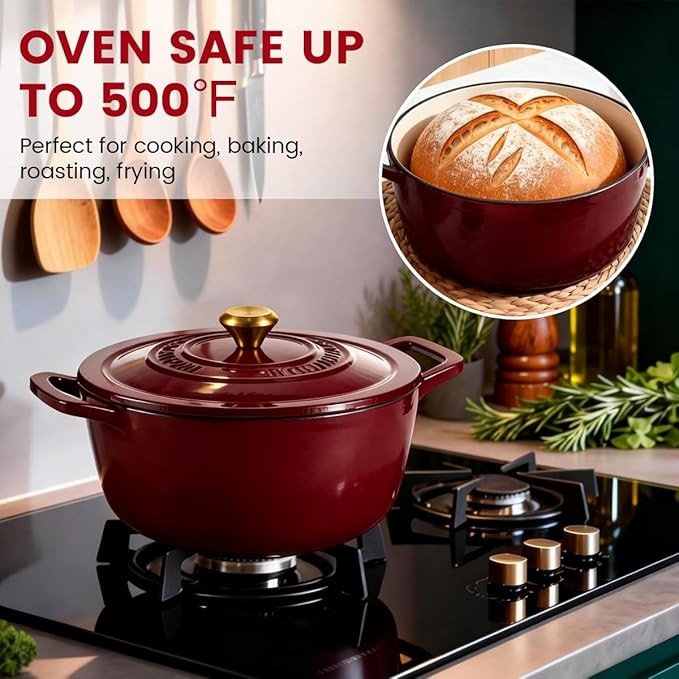 Cast Iron Dutch Oven - JINCHUFURI Enameled Cast Iron Dutchs Oven with Lid 5 Quart enamel dutch ovens Pot Heavy-Duty Cookware for Sourdough Bread Baking,Stews, Roasting,Braising(Rose Red)