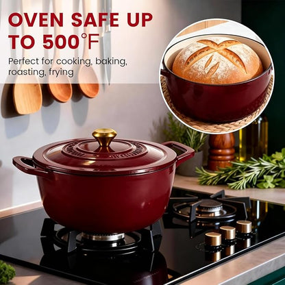 Cast Iron Dutch Oven - JINCHUFURI Enameled Cast Iron Dutchs Oven with Lid 5 Quart enamel dutch ovens Pot Heavy-Duty Cookware for Sourdough Bread Baking,Stews, Roasting,Braising(Rose Red)