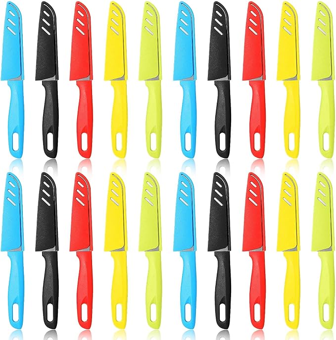 Lothee 50 Pcs Paring Knife Bulk, 5 Colors Fruit Vegetable Stainless Steel Kitchen Ultra Sharp Knife with Plastic Handle for Chef Cutting Peeling Cooking, 3.94 Inches Blades