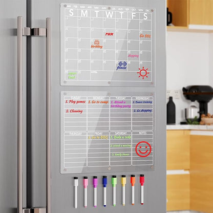 Neatsure Acrylic Magnetic Dry Erase Board Calendar for Fridge, Clear Monthly and Weekly Planner Whiteboard for Refrigerator, w/ 8 Colors Markers, 15"x11"