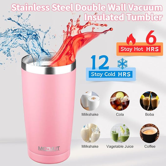 MEZMUT 20oz Tumbler Coffee Travel Mug with Daul Lid and Straw, Stainless Steel Double Wall Vacuum Spill Proof Insulated Tumbler, Hot or Iced Coffee Cups for Drinks (1Pack, Light Pink)