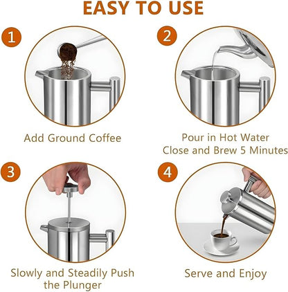 Small French Press Coffee Maker 1 Cup - 12oz/350ml Single Cup Metal French Press(1 Cup), Stainless Steel Double Wall Insulated Coffee & Tea Maker w/ 3 Extra Screens + 1 Spoon (Silver), Dishwasher Safe