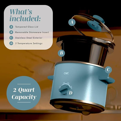 COOK WITH COLOR 2QT Mini Electric Round Slow Cooker - Adjustable Settings, Removable Stoneware Pot, Tempered Glass Lid, Dishwasher Safe, Cool-Touch Side Handles, Slate Blue