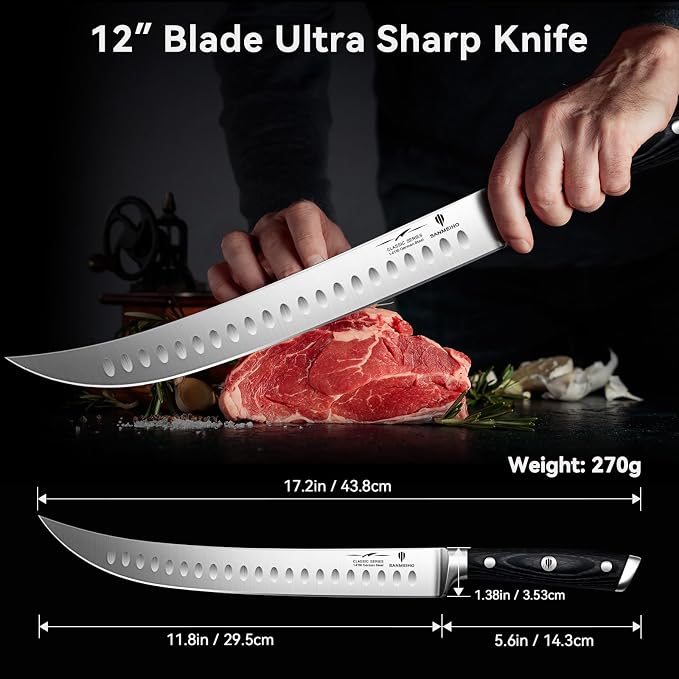 12" Slicing Knife - Brisket Slicing Meat Carving Knife Professional German 1.4116 Stainless Steel Razor Sharp Blade, Ergonomic Wood Handle & Full Tang Design, Gift Box Included