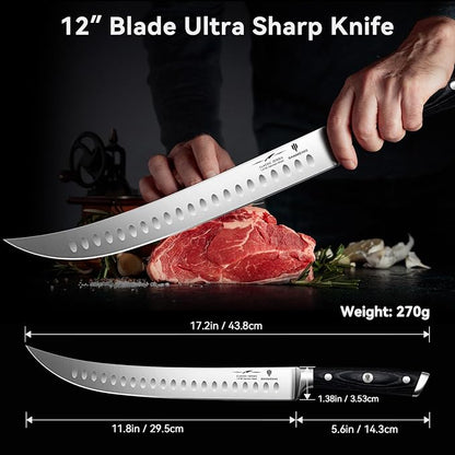 12" Slicing Knife - Brisket Slicing Meat Carving Knife Professional German 1.4116 Stainless Steel Razor Sharp Blade, Ergonomic Wood Handle & Full Tang Design, Gift Box Included