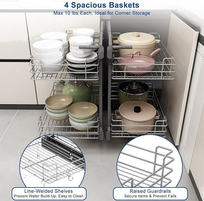 VADANIA Blind Corner Pull Out Organizer for 32" Cabinet, Left Open & Right Open Compatible, Min Opening 14", 2-tier Pull-out Basket, Soft Close, Bottom Mount