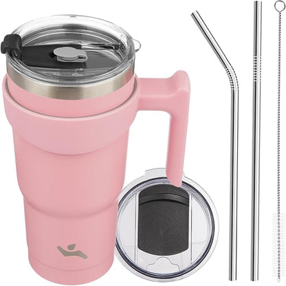 Konokyo 20 oz Tumbler with Handle and 2 Straw 2 Lid, Insulated Water Bottle Stainless Steel Vacuum Cup Reusable Travel Mug, Light Pink