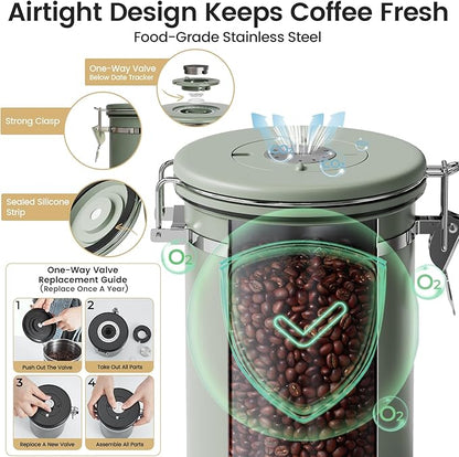 Veken Coffee Canister with Window, Airtight Stainless Steel Kitchen Food Storage Container with Lids, Date Tracker and Scoop for Ground, Beans, Tea, Flour, Cereal, Sugar Jars, 22OZ, Green