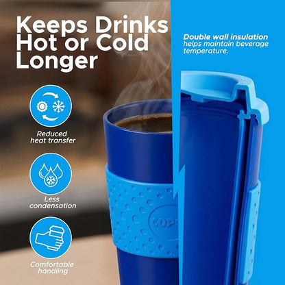Copco Acadia 16oz Travel Mug with Lid, Set of 2 Double Wall Insulated Tumbler, Non-Slip Sleeve and BPA-Free - Microwave & Dishwasher Safe, Reusable Plastic To Go Travel Coffee Mug (Navy/Blue)