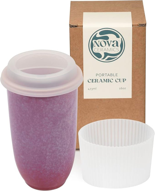 NOVA CERAMICS Coffee Travel Mug – Cup Holder Friendly Travel Mug– Microwave & Dishwasher Safe White & Purple Tumbler - Coffee Mug Fits In Cup Holder – 16oz – Astral Bloom