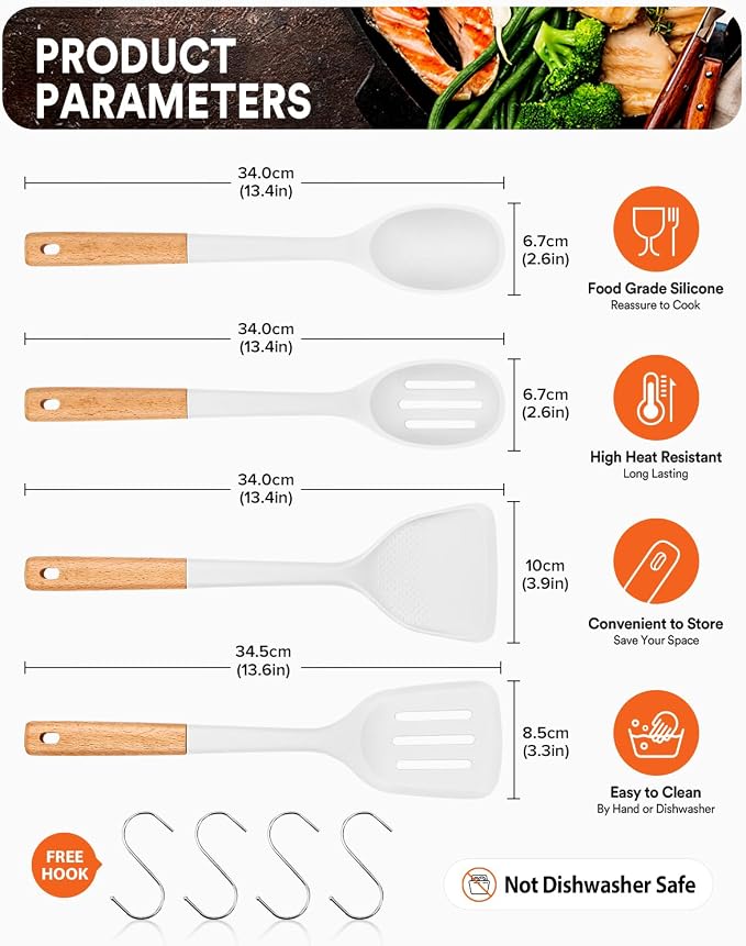 Silicone Cooking Utensils Set, Perfectly Angled for Frying, Mixing,Serving,Draining,Turning and Stirring, BPA-Free Matte Silicone, Wood Handles, Safe for Nonstick Cooking Surfaces,4 Pack (White)