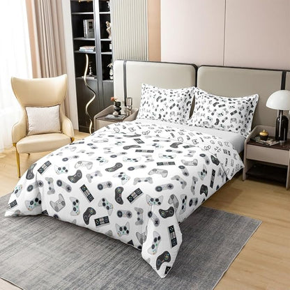 Castle Fairy Teens Gaming 100% Natural Cotton Duvet Cover Set King Size Kids Video Game Gamepad Comforter Cover with 2 Pillowcases Gamer Controller Bedding Set for Bedroom Birthday Gifts
