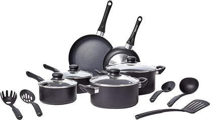 Amazon Basics Non-Stick Kitchen Cookware 15-Piece Set with Stay-Cool Handles, Even Heating, Non-Induction, Includes Pots, Pans, and Utensils, Black