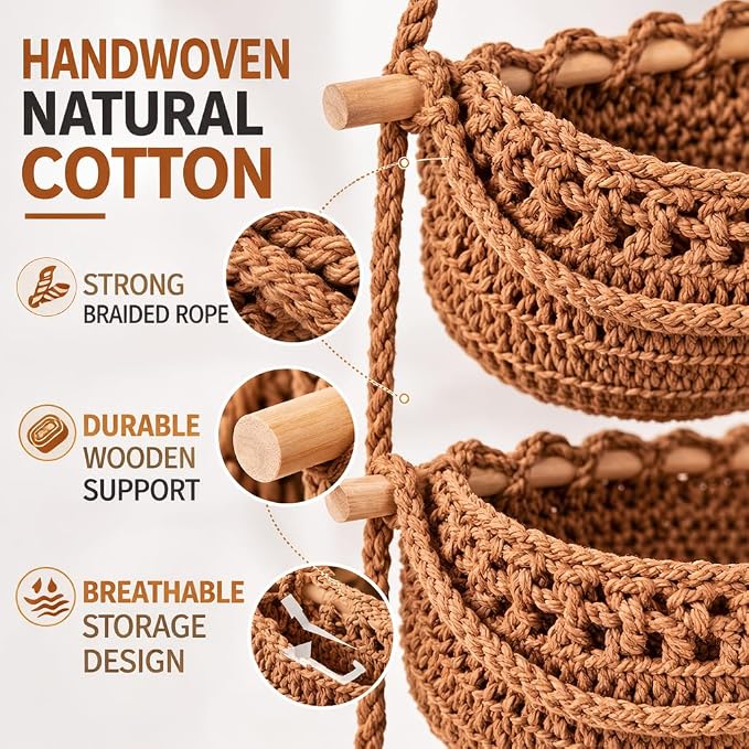3 Tier Hanging Fruit Basket for Kitchen, Wall Mounted Cotton Rope Produce Storage Organizer, Boho Farmhouse Decor, Space Saver for Small Kitchens, Pantry, Bathroom, RV, Plant & Vegetable Storage