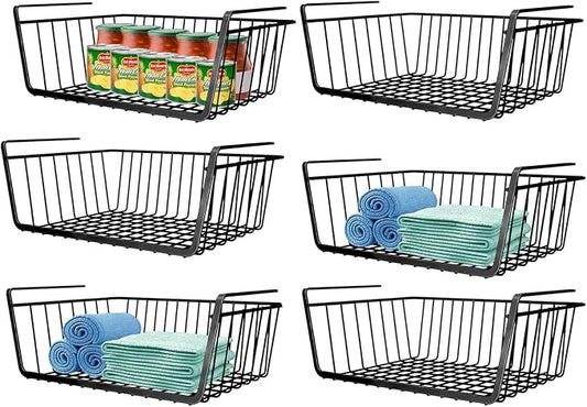 6 PACK 12in Hanging Under Shelf Storage Basket Kitchen Cabinet Organizer Storage, Slides Under Wire Shelves for Counter Pantry Desk Bookshelf, Black