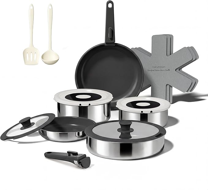16PCS Pots and Pans Set Non Stick, Diamond-Titanium Ceramic Cookware Set & 3 Layer Stainless Steel with Detachable Handle, Induction Cookware, Non Toxic Oven/Dishwasher Safe, Black