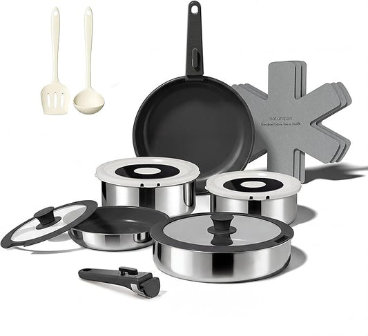 16PCS Pots and Pans Set Non Stick, Diamond-Titanium Ceramic Cookware Set & 3 Layer Stainless Steel with Detachable Handle, Induction Cookware, Non Toxic Oven/Dishwasher Safe, Black