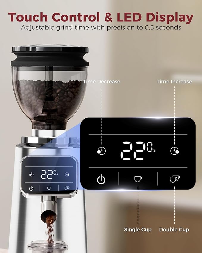Tuni G3 64mm Flat Burr Coffee Grinder, 100 Grind Settings Electric Espresso Grinder with Single Dose Set | Commercial Grade Precision, Touchscreen | Anti-Static Tech | Stainless Steel (Silver)