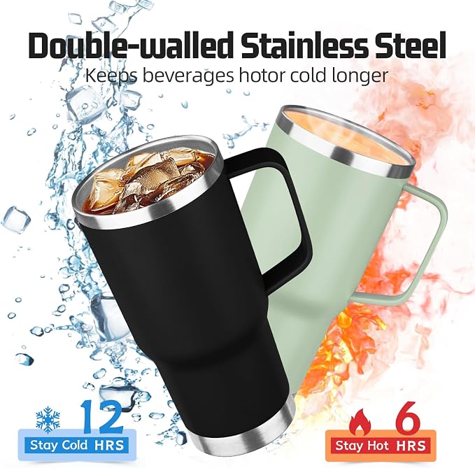 20 oz Tumbler with Handle Stainless Steel Insulated Coffee Mug Tumbler with Lid and Straw Double Wall Vacuum Insulated Coffee Mug Leak Proof Travel Mug Tumbler for Hot and Cold Drink (Black,1pack)