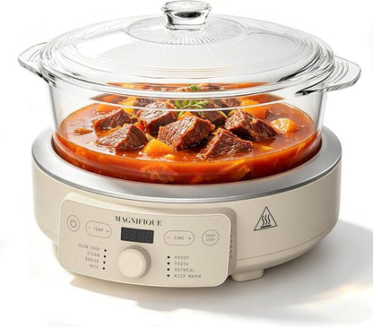 MAGNIFIQUE Slow Cooker, 4.5 Quart 8-in-1 Glass Pot Multi-Cooker, Non-Toxic Slow Cooker with Removable Borosilicate Glass Pot, for Rice, Pasta, Steam & Proof, Oatmeal
