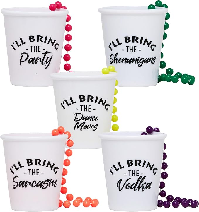 Funky Junque Bachelorette Shot Glass Necklaces – Bride Shot Glass Necklace Set with Beaded Design and Fun Phrases - 5 Pack - Club Pack