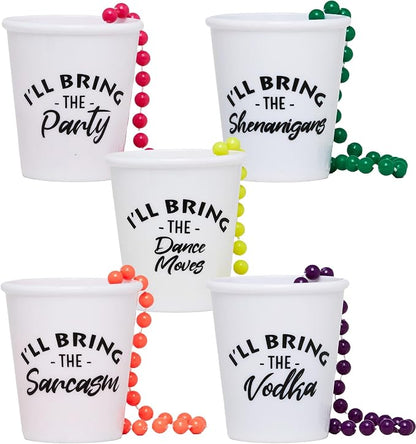 Funky Junque Bachelorette Shot Glass Necklaces – Bride Shot Glass Necklace Set with Beaded Design and Fun Phrases - 5 Pack - Club Pack