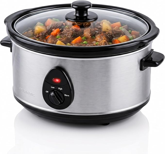 OVENTE Electric Slow Cooker with 3 Cooking Settings, Non-Stick and Dishwasher Safe Stoneware, Stainless Steel Body, Glass Lid, 3.7 Qt Oval Pot for Entrees, Soups, Sauces, Stews & Dips, Silver SLO35ABR