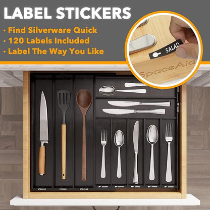 SpaceAid Bamboo Silverware Drawer Organizer with Labels, Kitchen Utensil Expandable Tray Holder Organizer for Flatware, Cutlery, Spoon and Knives Drawer Storage Organization (Black, 10 Slots)