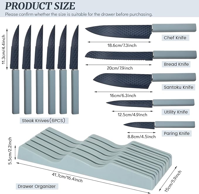 12-Piece Blue Modern Knife Block Set with Drawer Organizer, Stainless Steel Knife Set, 7.2" Chef Knife, 6 Steak Knives