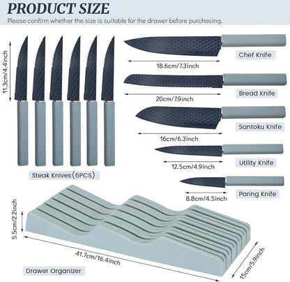 12-Piece Blue Modern Knife Block Set with Drawer Organizer, Stainless Steel Knife Set, 7.2" Chef Knife, 6 Steak Knives