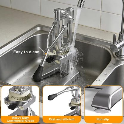 2-in-1 Commercial Juicer & Vegetable Chopper – Heavy Duty Cast Iron Manual Citrus Press with Stainless Steel Food Dicer, French Fry Cutter, 1/2" 3/8" 1/4" Blades for Potatoes