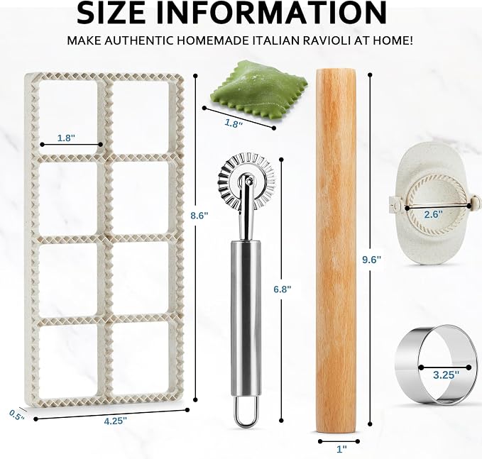 Ravioli Maker Press, Ravioli Press Mold Set - 1.85" Squares Ravioli Stamp Maker Cutter with Wood Rolling Pin, 2.6" Empanada Maker Press Kit and Ravioli Wheel, Makes 8 Ravioli