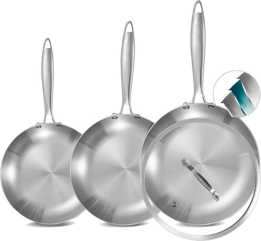 Inqibee Tri-Ply Stainless Steel Frying Pans Set with Lid, 8”/9.5”/11” Skillets, Induction Cooking Pans Set, Riveted Handle, Even Heating and Oven Safe