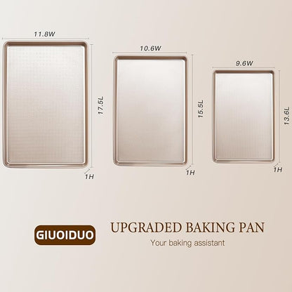 GIUOIDUO Baking Sheet Set of 3, Nonstick Heavy Duty Cookie Sheets for Oven - 13.6"×9.6"/15.5"×10.6"/17.5"×11.8" Warp-Resistant Carbon Steel Bakeware Trays, Champagne Gold, Dishwasher & Oven Safe