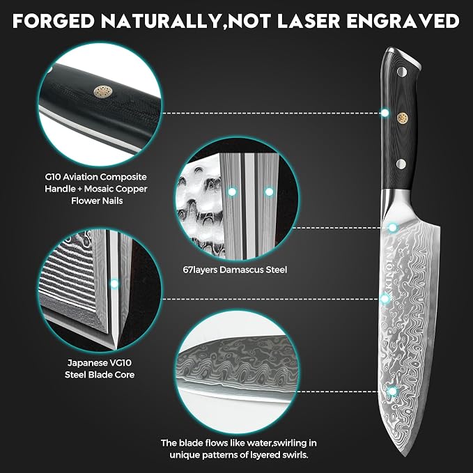 5-Piece Damascus Knife Set - Ultra-Sharp Professional 67-Layer VG10 Core Damascus Chef Knife Set | Includes 8 Inch Chef Knife, Santoku Knife, Kitchen Knife Sharpener, G10 Full Tang Handle