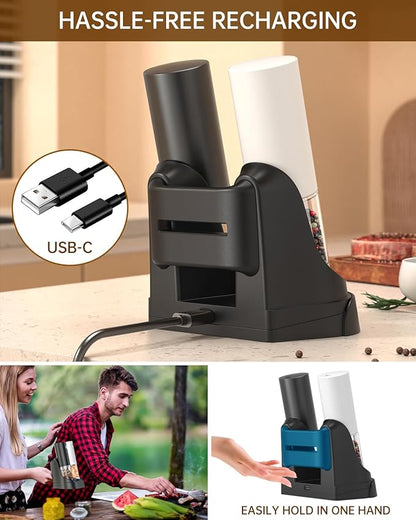 CIRCLE JOY Electric Salt and Pepper Grinder Set Automatic Salt and Pepper Mills Set with Easy-to-Carry Charging Base and LED Light, USB Rechargeable, Upgrade External Adjustable Coarseness