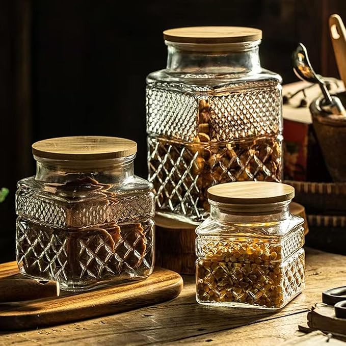 Glass Storage Jars Vintage Embossed Canisters Food Cereal Storage Containers with Bamboo Lid, Decorative Jars for Kitchen Counter,Pantry,Set 3-Piece Glass Jars in 60oz/40oz/20oz (Square)