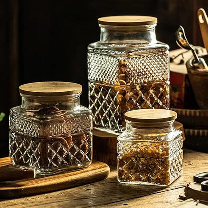 Glass Storage Jars Vintage Embossed Canisters Food Cereal Storage Containers with Bamboo Lid, Decorative Jars for Kitchen Counter,Pantry,Set 3-Piece Glass Jars in 60oz/40oz/20oz (Square)