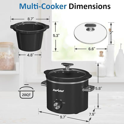 SUNVIVIPRO Small Slow Cooker with Removable Ceramic Pot, Food Warmer with 3 Heating Settings & Dishwasher Safe Glass Lid, Black