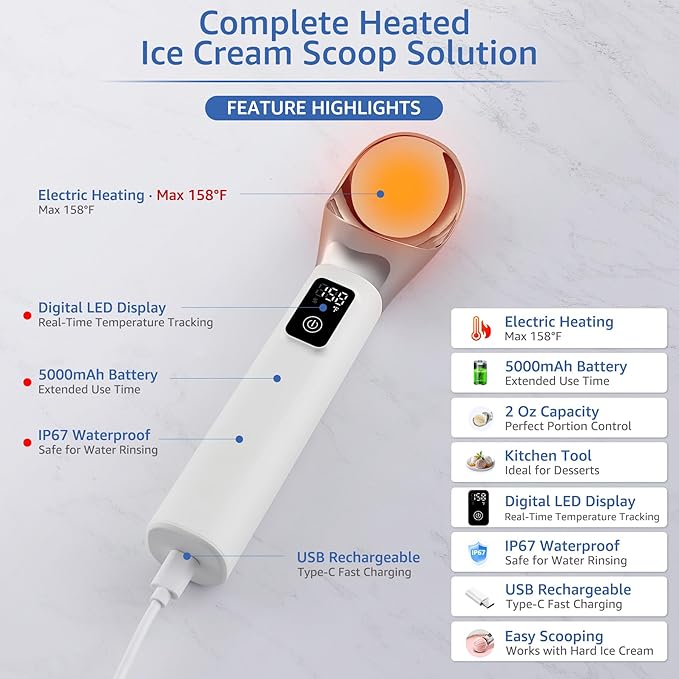 Electric Heated Ice Cream Scoop, Kitchen Gadget with Digital LED Temperature Display for Easy Scooping Rechargeable Scooper Dessert Server 5000mAh USB Powered IP67 Waterproof Kitchen Tool 2 Oz Max158℉