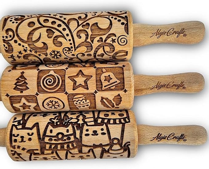 CHRISTMAS FEST 3 Mini Embossed Rolling Pin Set. Wooden Laser Engraved Textured rolling pins for Cookies, Modeline, Ceramic with Skulls, Bats, Halloween by Algis Crafts