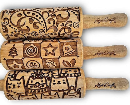 CHRISTMAS FEST 3 Mini Embossed Rolling Pin Set. Wooden Laser Engraved Textured rolling pins for Cookies, Modeline, Ceramic with Skulls, Bats, Halloween by Algis Crafts