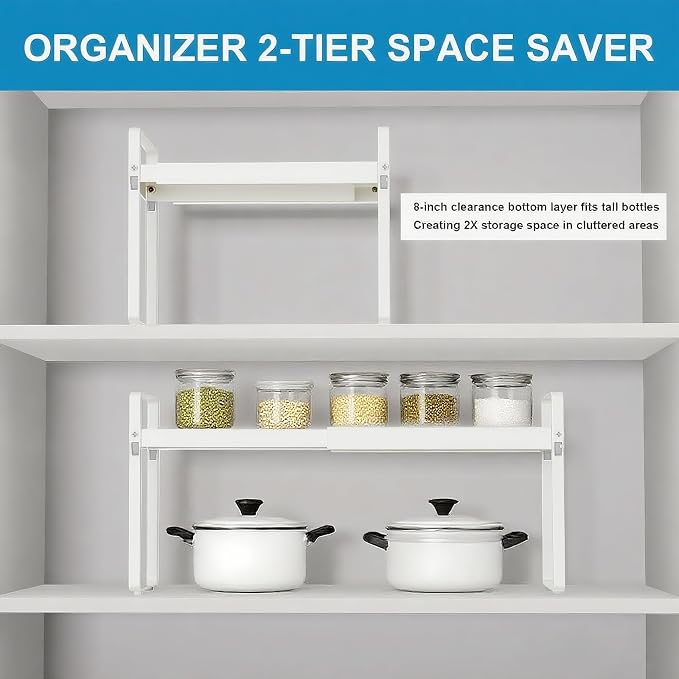 Expandable Cabinet Shelf Organizer 14-25 Inch Adjustable Length, 9" Wide 2-Tier (8" Bottom Layer) Metal Storage Rack for Kitchen Pantry, Under Sink Countertop - Heavy Duty White(2 Pack)