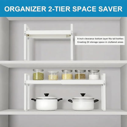 Expandable Cabinet Shelf Organizer 14-25 Inch Adjustable Length, 11" Wide 2-Tier (8" Bottom Layer) Metal Storage Rack for Kitchen Pantry, Under Sink Countertop - Heavy Duty White(2 Pack)